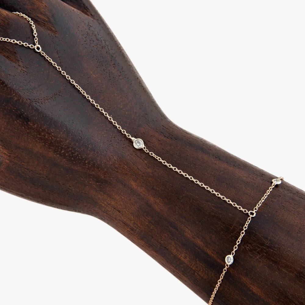 14k rose gold 3 spaced out diamond bezel chain finger bracelet
